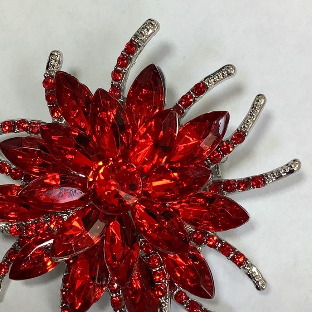 Large Red Rhinestone Flower Brooch - Picture 9 of 14